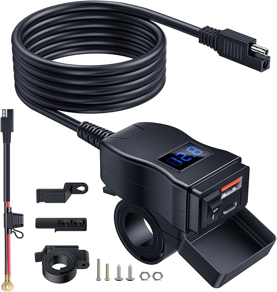 EXTRACTME Motorcycle USB Charger, Dual USB Type C PD & Quick Charge 3.0 Motorcycle Phone Charger with Voltmeter & ON/Off Switch, Waterproof Motorcycle Accessories for All Phone, Tablet, GPS