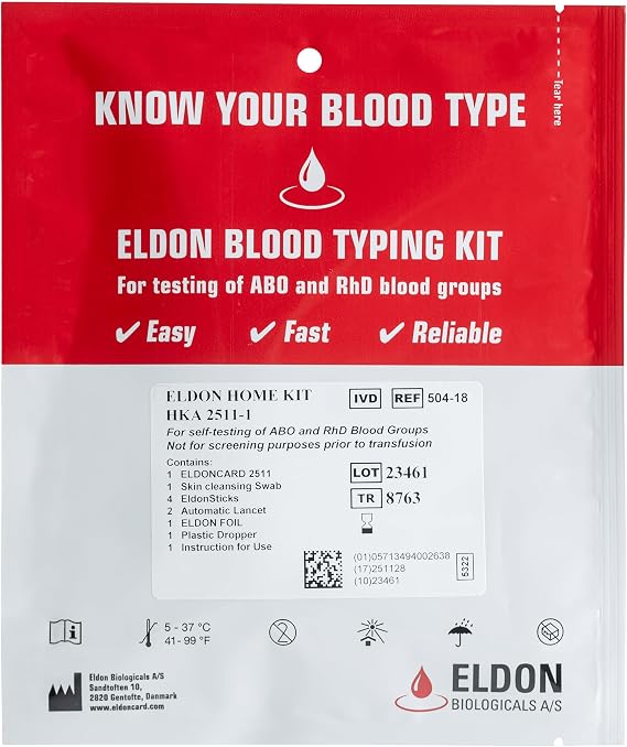 1 x Blood Type Test Kit - Group A, B, RHD Testing - Home EldonCard Tests