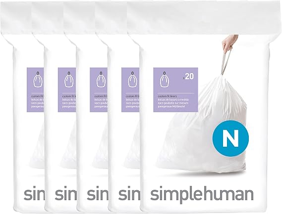 simplehuman Code N 100 Count Custom Fit Liners, Drawstring Kitchen Trash Bags, One-by-One Mess-Free Dispense, Extra Thick & Double Seamed, 50% PCR Plastic, 40-50 Liter / 10.6-13 Gallon, White