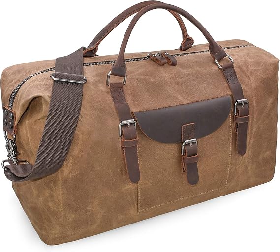 NEWHEY 55L Travel Duffel Bag, Waterproof Waxed Canvas & Leather Weekender Bag for Men, Large Carry-on Overnight Bag for 4-5 Day Business Trips & Weekend Getaways, Brown