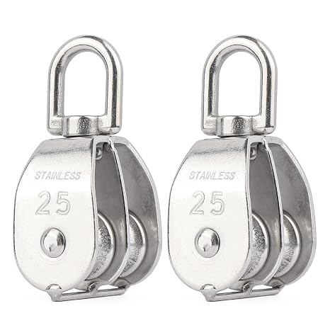 2PCS M25 Double Sheave Pulley Block 304 Stainless Steel Lifting Crane Swivel Hook