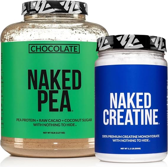 NAKED Chocolate Pea Protein Isolate 5LB Bulk Pure Micronized Creatine Monohydrate 500g (100 Servings) Plant-Based; Vegan; Non-GMO; Gluten Free; Soy Free; Lactose Free
