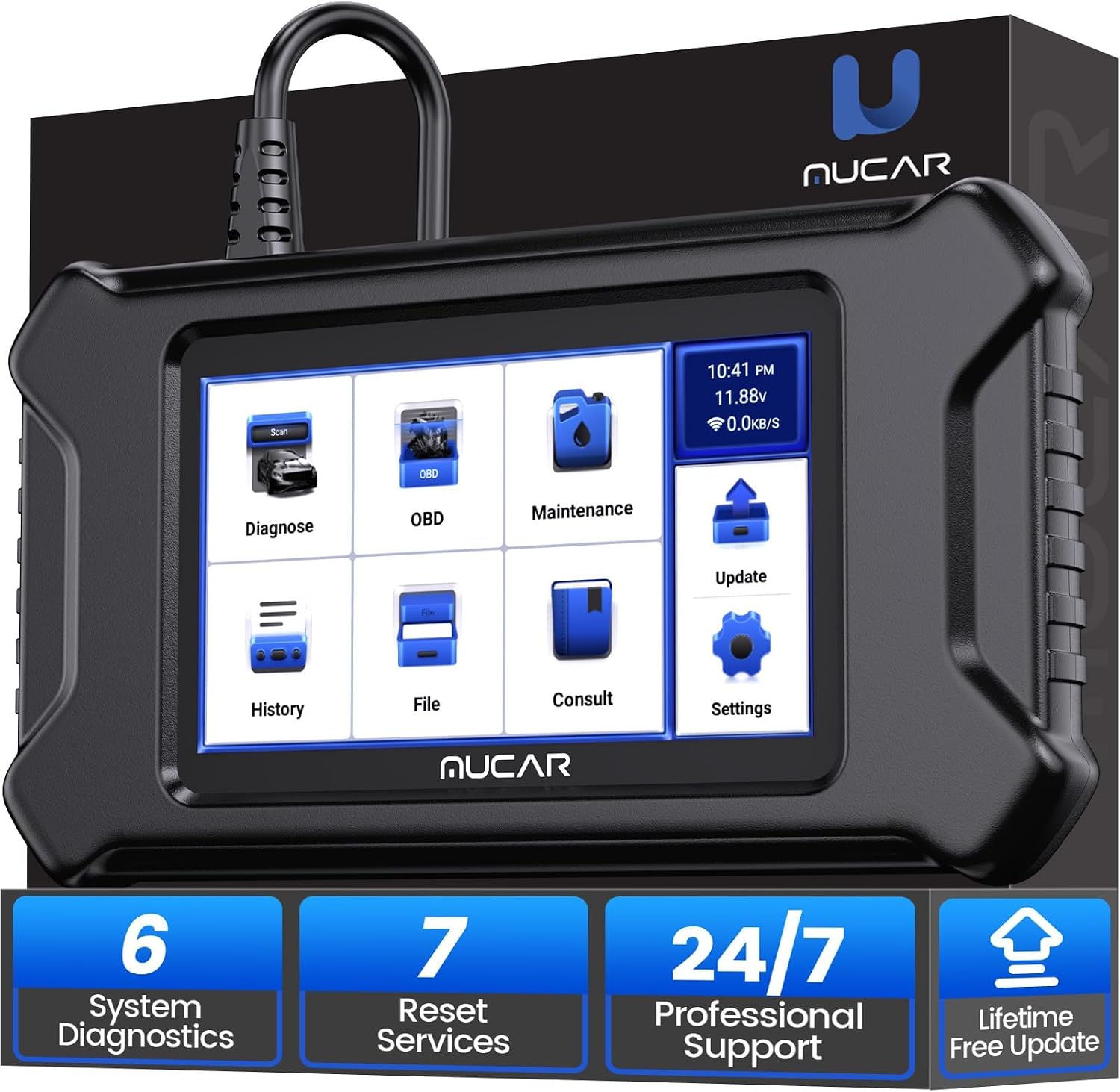 MUCAR CS6 OBD2 Scanner, Car Scanner Diagnostic Tool, 6 Systems ABS SRS ECM TCM BCM TPMS and 7 Reset Service Oil EPB SAS ETS TPMS ABS DPF, 5 HD Touch Screen, Lifetime Free Update