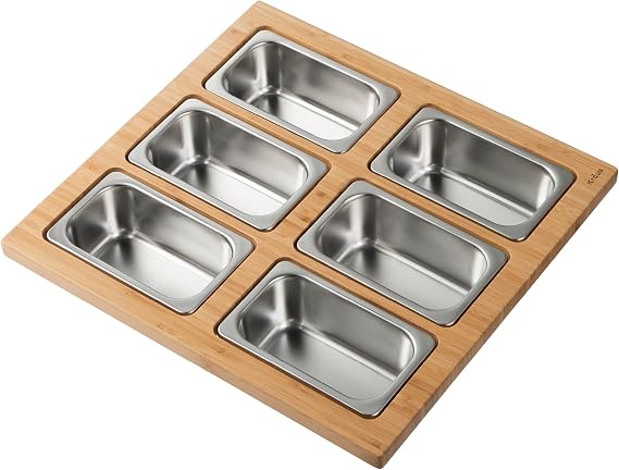 KRAUS Kore Serving Board Set with Square Stainless Steel Bowls (x6) for Workstation Kitchen Sink, KSC-1004BB