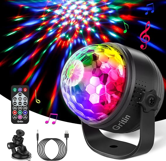 Gritin Disco Lights, 360° Rotation Sound Activated Disco Ball Party Lights with Remote Control - 3W RGB Dynamic Light Effect, 4M/13ft USB Cable for Birthdays, Friend Gathering, Xmas [Energy Class A+++]