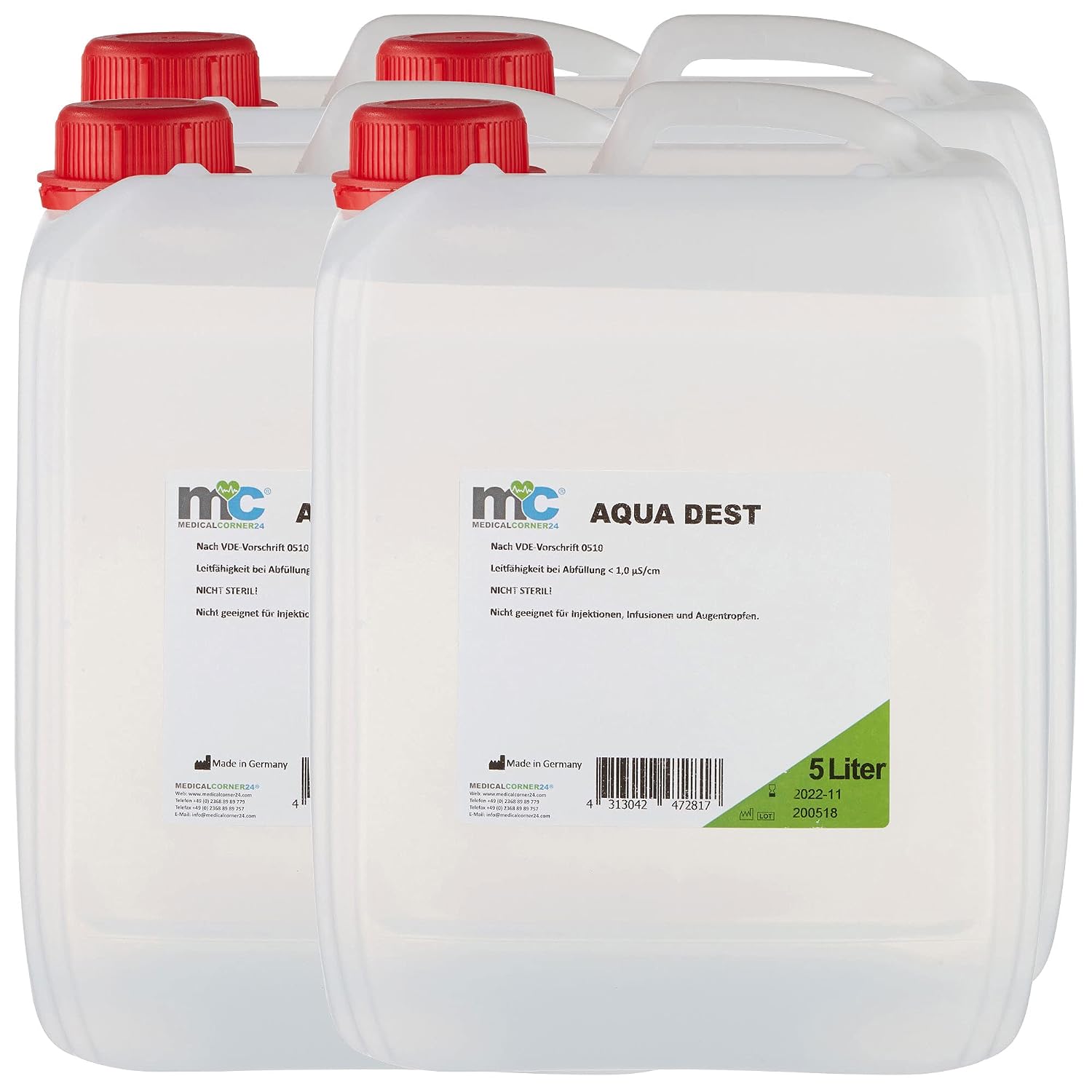 Medicalcorner24 Aqua Dest Distilled Water Laboratory Water 4 x 5 Litre Canister