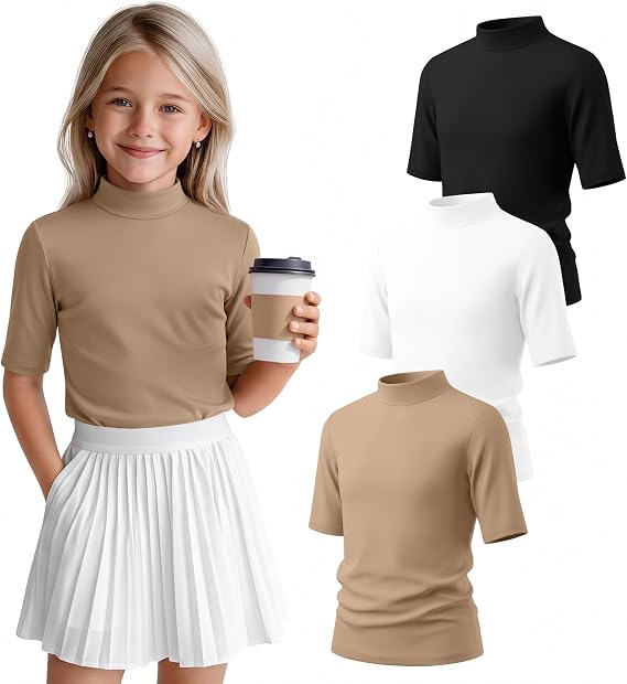 3 Pack Girls' 1/2 Sleeve Shirts | Kids Mock Turtleneck Tops, Half Sleeve Tees, Basic Elbow Length Clothes, Casual Stretch T-Shirts, 5-14 Years