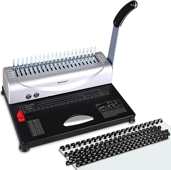 MAKEASY Comb Binding Machine - Punch 12 Sheet, Easy Punch No Jam, Heavy-Duty Metal Build, Book Binder for Office Reports & Home School Projects, Includes 100 Combs, Letter/A4/A5 Compatible