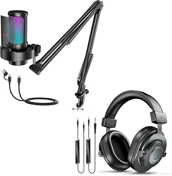 FIFINE USB Gaming Microphone Kit with Studio Recording Headphones Bundle, Condenser PC Mic Set with Headphone Jack, Gain Knob, RGB, Over-Ear Wired Headphones for Streaming, Video Chat (A8T+H8)