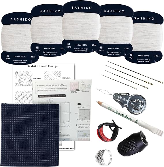 Sashiko kit, Daruma Sashiko Thread, Needles and Cotton Fabric with Grid Line Print, Marking Pencil, Thimblem and Traditional Design Sewing Set (Unbleached Thread/Navy Fabric)