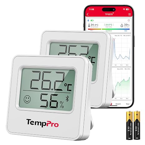 ThermoPro TempPro TP357 Room Thermometer Indoor Bluetooth Hygrometer Humidity Meter and Temperature Monitor with Smart App and Data Recording with Humidity Sensor for Baby Room Office, 2 Pieces
