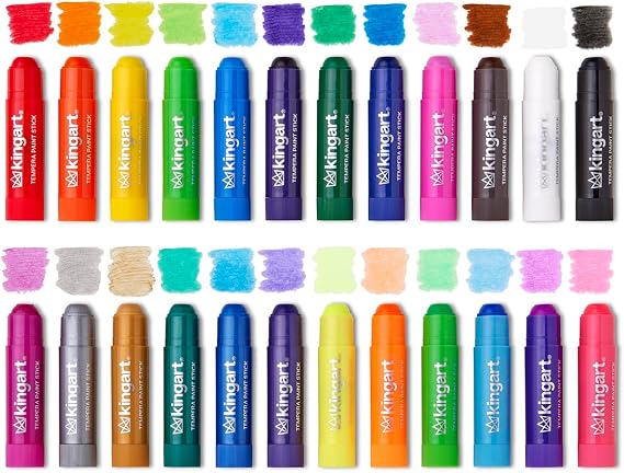 KINGART Tempera Paint Sticks 24 Metallic & Neon Colors Quick-Drying, Washable, Solid Paint Crayons Mess-Free Multi-Surface Medium for Paper, Wood, Canvas, Glass