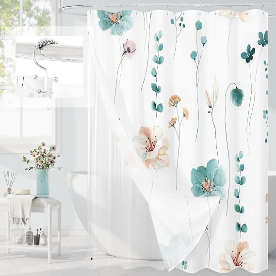 3 in 1 Shower Curtain Set, Teal Watercolor Floral Bath Curtain and PEVA Liner Set with 12 Double Sided Steel Hooks, Waterproof Fabric Bathroom Curtain 72x72