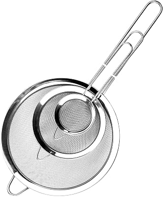 Set of 3 Kitchen Colander for Cooking, 192536.5 cm, Stainless Steel Fine Mesh Strainer, Flour Sieve with Handle for Sauce Separator, Pasta Strainers, Food and Vegetables Silver