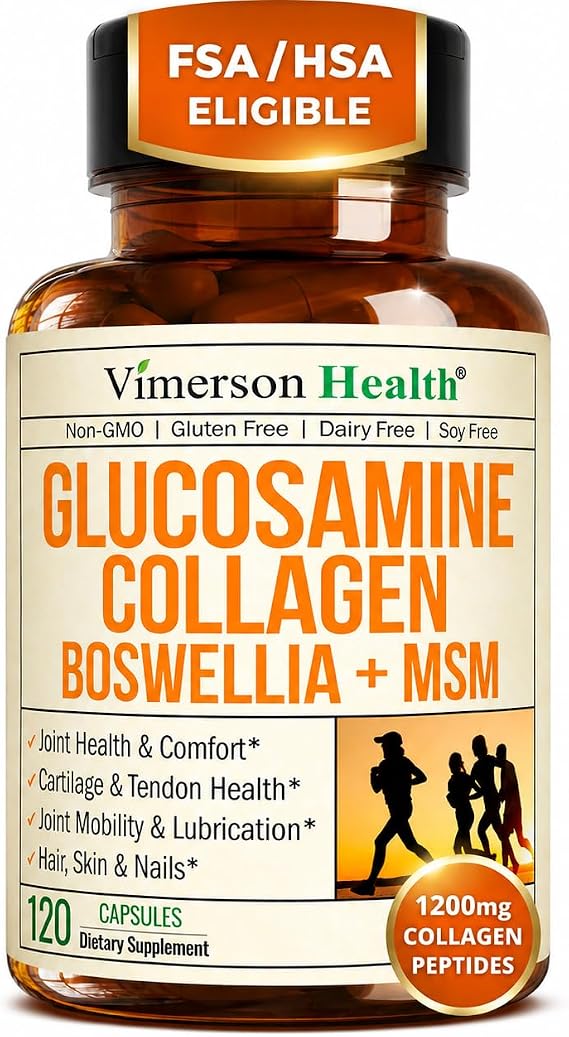 Glucosamine Chondroitin with 1200mg Hydrolyzed Collagen Peptides, Boswellia Extract, Quercetin, Bromelain, MSM Hair Skin Nails and Joint Supplement for Women & Men FSA Eligible 120 Capsules
