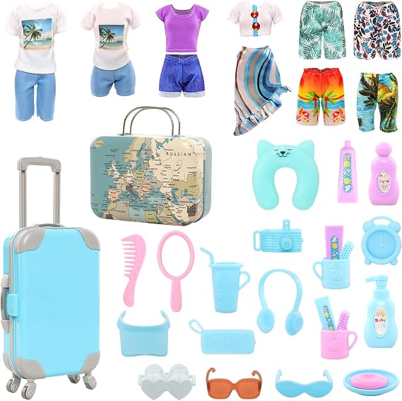 Miunana 28PCS Travel Clothes and Accessories Blue Trunk Suitcase 2 Girl Doll Clothes 1 Boy Suits 8 Life Accessories 12 Wash Telescope Sunglasses (Not Include Doll)