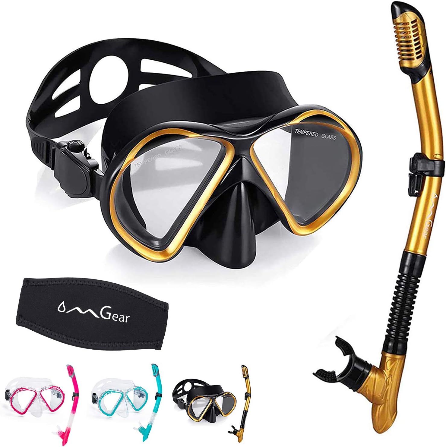 OMGear Snorkel Set Mask and Snorkel Dive Mask Snorkel Kit Swim Goggles with Nose Snorkeling Glasses Dry Snorkel Gear Scuba Diving Swimming with Neoprene Strap Mesh BagGold