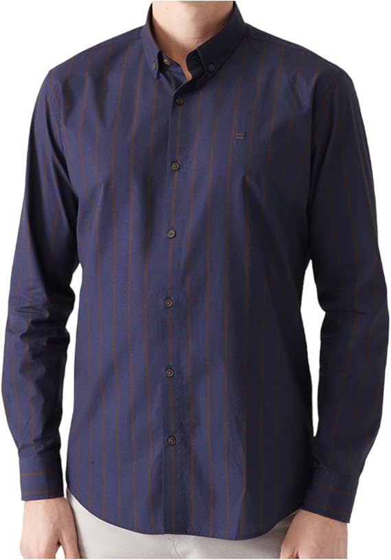 Avva Men's 100% Cotton, Button Collar, Striped, Slim Fit, Long Sleeve, Poplin Shirt, X-Large, Navy