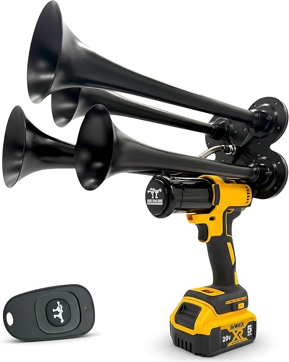 Impact Train Horn Remote-Controlled, 150 dB, Cordless Drill Air Horn with Quad Metal Trumpets