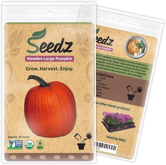 Organic Pumpkin Seeds for Planting, APPR. 30, Howden Pumpkin, Heirloom Vegetable Seeds, Certified Organic, Non GMO, Non Hybrid, USA