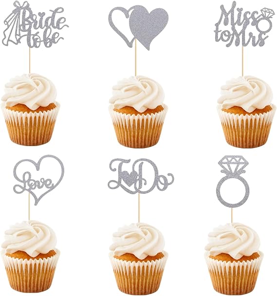 12Pcs Cupcake Toppers, Silver Cake Toppers with Diamond Ring Bride, 3D Heart Wedding Dress Cupcake Topper for Bridal Shower Wedding Engagement Bachelorette Party Cake Decorations
