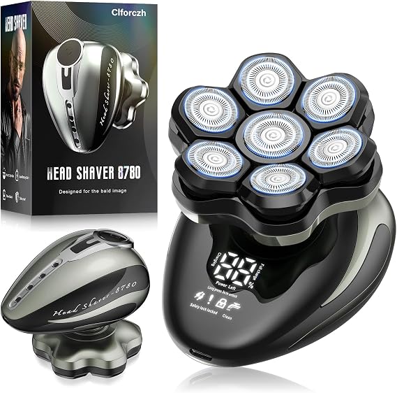 Clforczh Head Shavers for Bald Men - 7D Detachable Electric Razor, IPX6 Waterproof Wet Dry Rotary Shavers, LED Display Rechargeable Head Shaving with Fast Charging, Gray