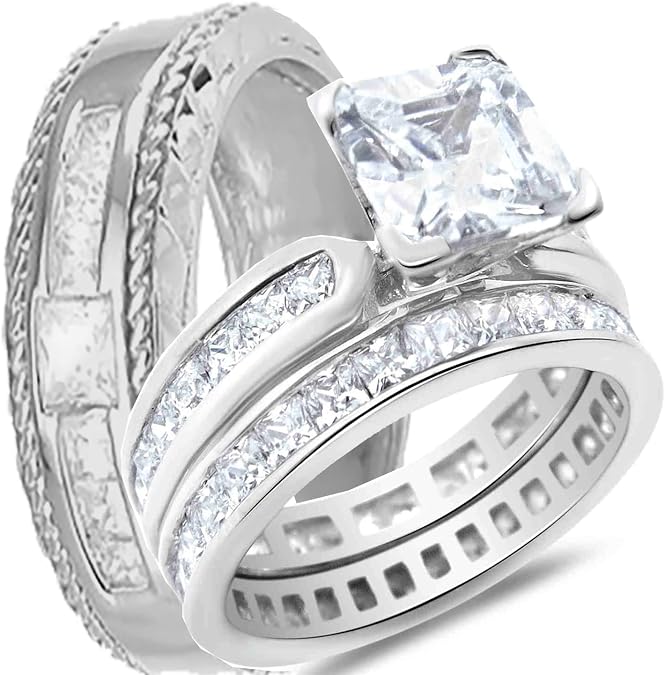 His Hers TRIO Sterling Silver Wedding Ring Set 3 PCS Matching