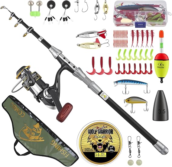 Professional 1.8m Telescopic Fishing Rod and Spinning Reel Combo Set with 100m Line, 53 Pcs Lures Kit & Accessories, Portable Carry Bag for Saltwater Freshwater Fishing