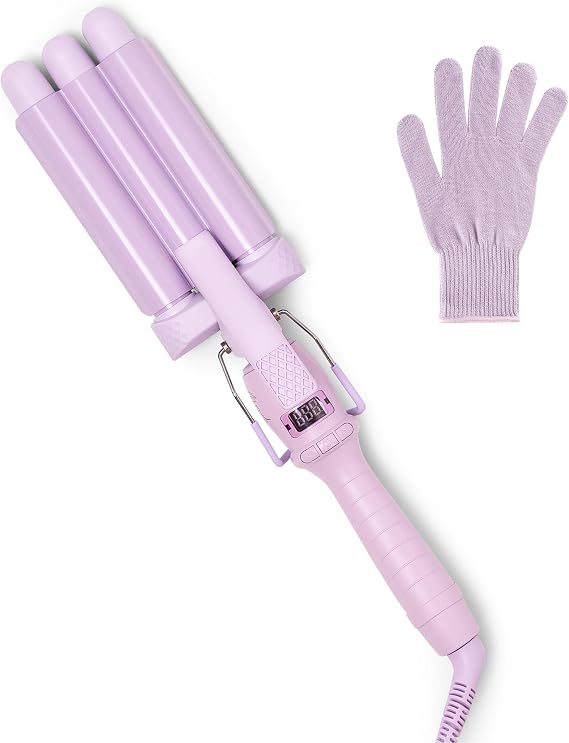 Mermade PRO Hair Waver 0.9" - Small Hair Waver 3 Barrel, Mini Curling Iron 0.9 Inch, Small Ceramic Barrel Waver for Thick, Thin, Long, or Short Hair - 0.9 Inch, Lilac with Glove