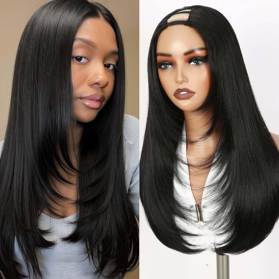 WIGNEE Long Straight U Part Wigs for Women Black Long Wig Layered Haircut U Part Wig Yaki Straight Synthetic Half Wig Clip In Hair Glueless Daily Use (Black, 24Inch)