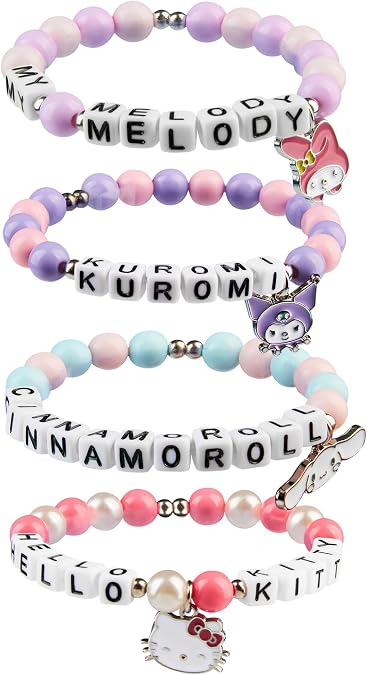 Hello Kitty Sanrio Bracelets for Girls, 4 Pack Anime Kawaii Charm Jewelry, Stretch Beaded Friendship Bracelet Set, Cute Stuff, Gifts for Girls