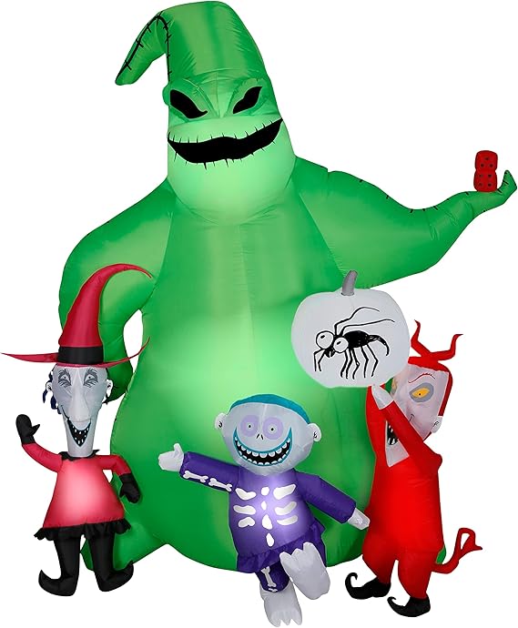 Gemmy Oogie Boogie Halloween Inflatable Scene, 7 Ft Tall Lighted Nightmare Before Christmas Yard Decoration with Lock, Shock and Barrel, Outdoor Decor with Stakes and Tethers
