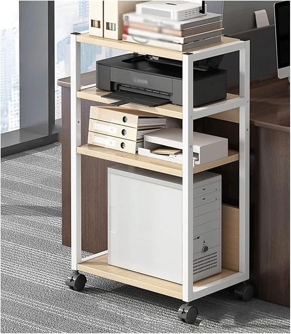 Printer Table 4-Tier Printer Stand, Rolling Floor-Standing Deskside PC Host Stand, Adjustable Layer Spacing Printer Storage, White Frame Storage Shelve
