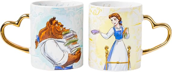 Silver Buffalo Disney Princess Beauty and the Beast Don't Mind the Books Gold Heart Shaped Handle 2 Pack Ceramic Mug Set, 14 Ounces