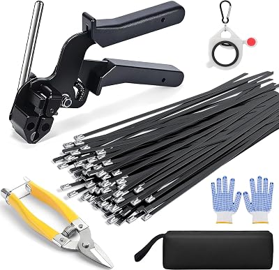 Blabulala Metal Zip Ties Black & Stainless Steel Cable Tie Gun, for Fastening and Cutting Stainless Steel Zip Ties, 100pcs Chain Link fence ties for Chain Link Fence, Chicken Coop,Exhaust Pipe