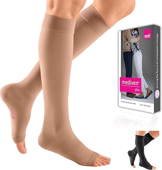 mediven Plus for Women & Men, 20-30 mmHg Knee High Compression Socks with Silicone Top Band, Open Toe Leg Circulation, Opaque Leg Support Compression Coverage, VI, Standard, Beige