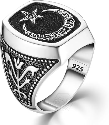 925 Sterling Silver Crescent Moon Star the Word Tawheed Islamic Mens Ring
