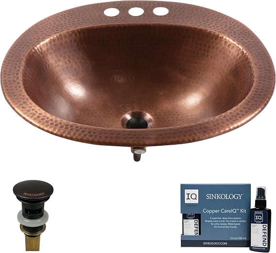 Sinkology Seville 20 Inch Antique Copper Oval Drop-In Bath Sink, Complete Kit with Drain and Care Kit, Sinkology Everyday Promise