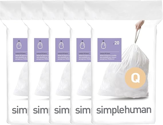 simplehuman Code Q 100 Count Custom Fit Liners, Drawstring Kitchen Trash Bags, One-by-One Mess-Free Dispense, Extra Thick & Double Seamed, 50% PCR Plastic, 50-65 Liter / 13-17 Gallon, White