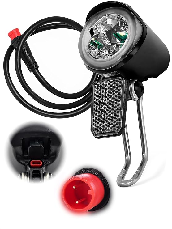 Headlight for Ebike 2 Pin Connector 6-60V - Easy to Install Ebike Light with LED Bulb and Reliable Stainless Steel Bracket, 20 Lm Lights Output, Weather Resistant - E Bike Light for Night Riding | E Bike Headlight 2 Pin, Weather-Resistant, Waterproof Connector, Easy Installation, 180 Adjustable Stainless Steel Bracket