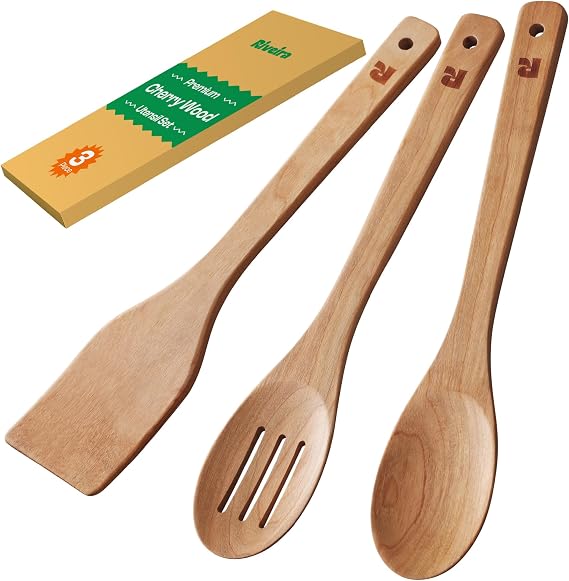 Riveira Cherry Wooden Spoons for Cooking Set of 3 Natural Cherry Wooden Cooking Utensils, Wooden Spatula, Wooden Spoon - Premium Quality Utensil Set for Non-Toxic Cooking