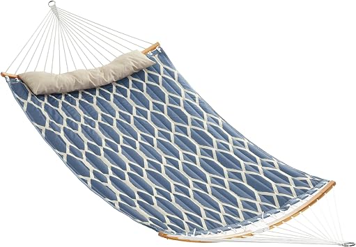 SONGMICS Quilted Hammock with Curved Bamboo Spreaders, Pillow, 78.7 x 55.1 Inches, Holds up to 495 lb, Blue and Beige Rhombus UGDC034I02