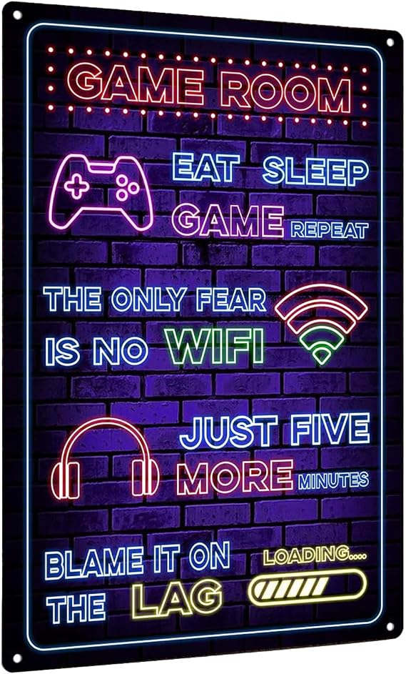 Gaming Room Accessories Metal Tin Sign, Cool Neon Game Room Wall Decor for Boys Teens, 8x12 Inch Gamer Bedroom Decor, Gamers Gift for Game Night