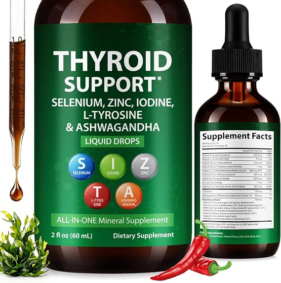 Thyroid Support Liquid Drops, High Absorption Thyroid Supplement with Iodine, Selenium, Zinc, Ashwagandha & L-Tyrosine for Cortisol & Stress Relief, Non-GMO,2 Fl Oz