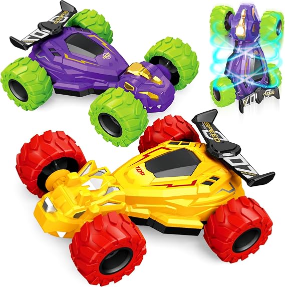 Toddler Monster Truck Toys,Dinosaur Toys for Ages 3-4 Friction Spin Stunt Race Cars,2 PCS Push and Go Baby Toy Cars,Off Road 360 Rotating Trucks,Christmas Birthday Gifts for Kids (Yellow and Purple)