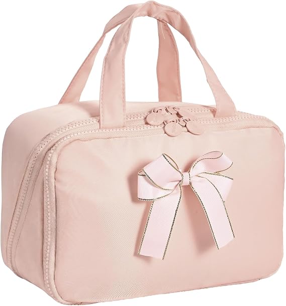 Travel Makeup Bag, Large Capacity Cosmetic Bags for Women, Waterproof Portable Open Flat Toiletry Bag Make up Bag with Divider and Handle (pink)