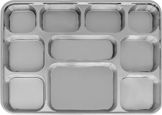 10 Compartment Silver Party Thali Plates (50 Pack)