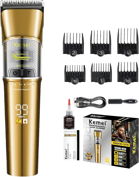 KEMEI 1376 Salon Brushless Hair Clippers Triemmer Kit, 8000 RPM, Gold