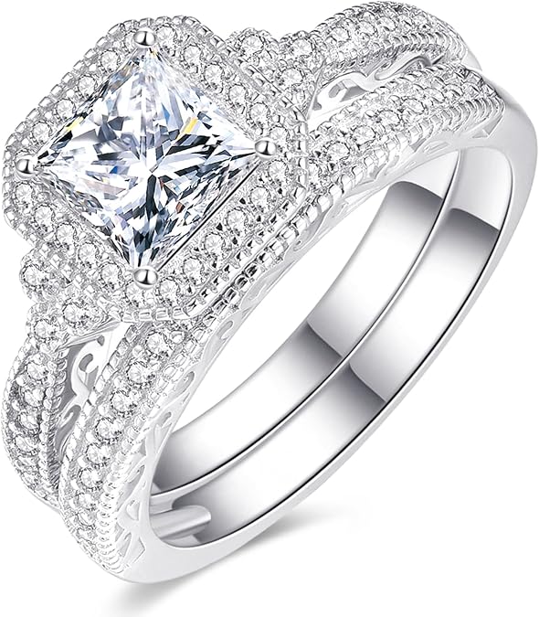 AVECON 1.2CT Princess Cut Halo Engagement Ring Set for Women