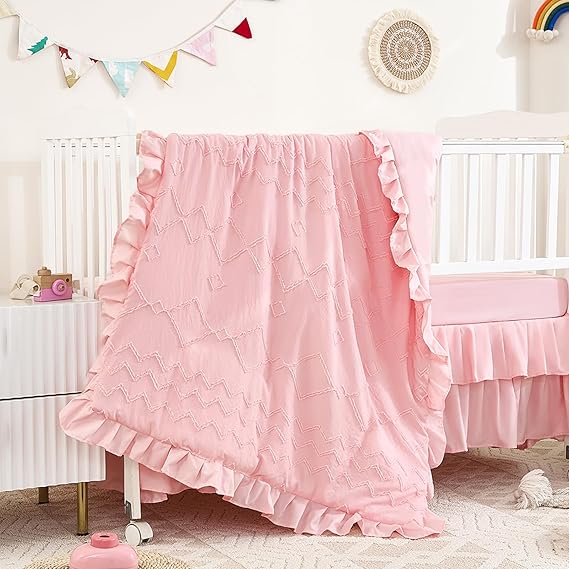 3-Piece Tufted Ruffle Crib Bedding Set for Girls Boys - Soft Cute Nursery Bedding Set Includes Boho Crib Comforter, Crib Sheet, and Crib Skirt (Pink)